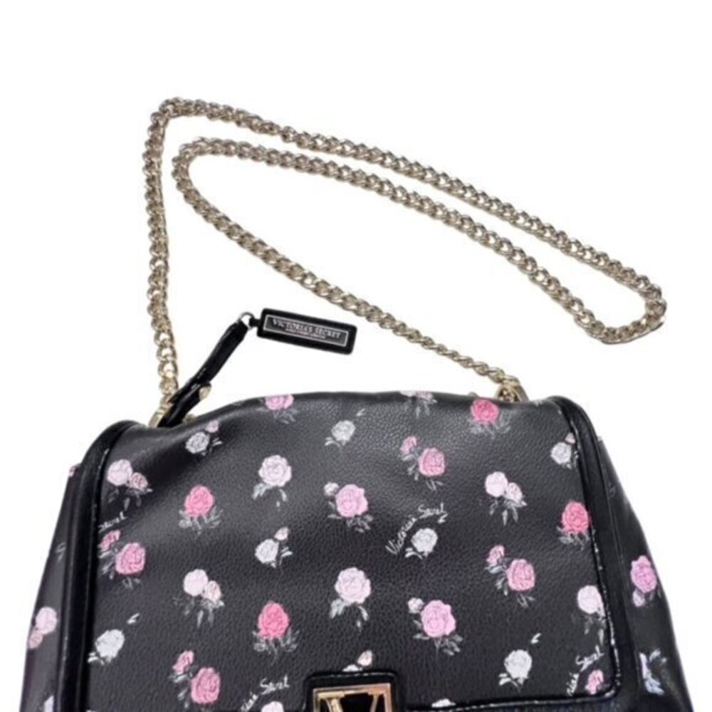 Victoria's Secret Crossbody Shoulder Bag Gold Chain Black Ditsy Floral Magnetic - Picture 3 of 10
